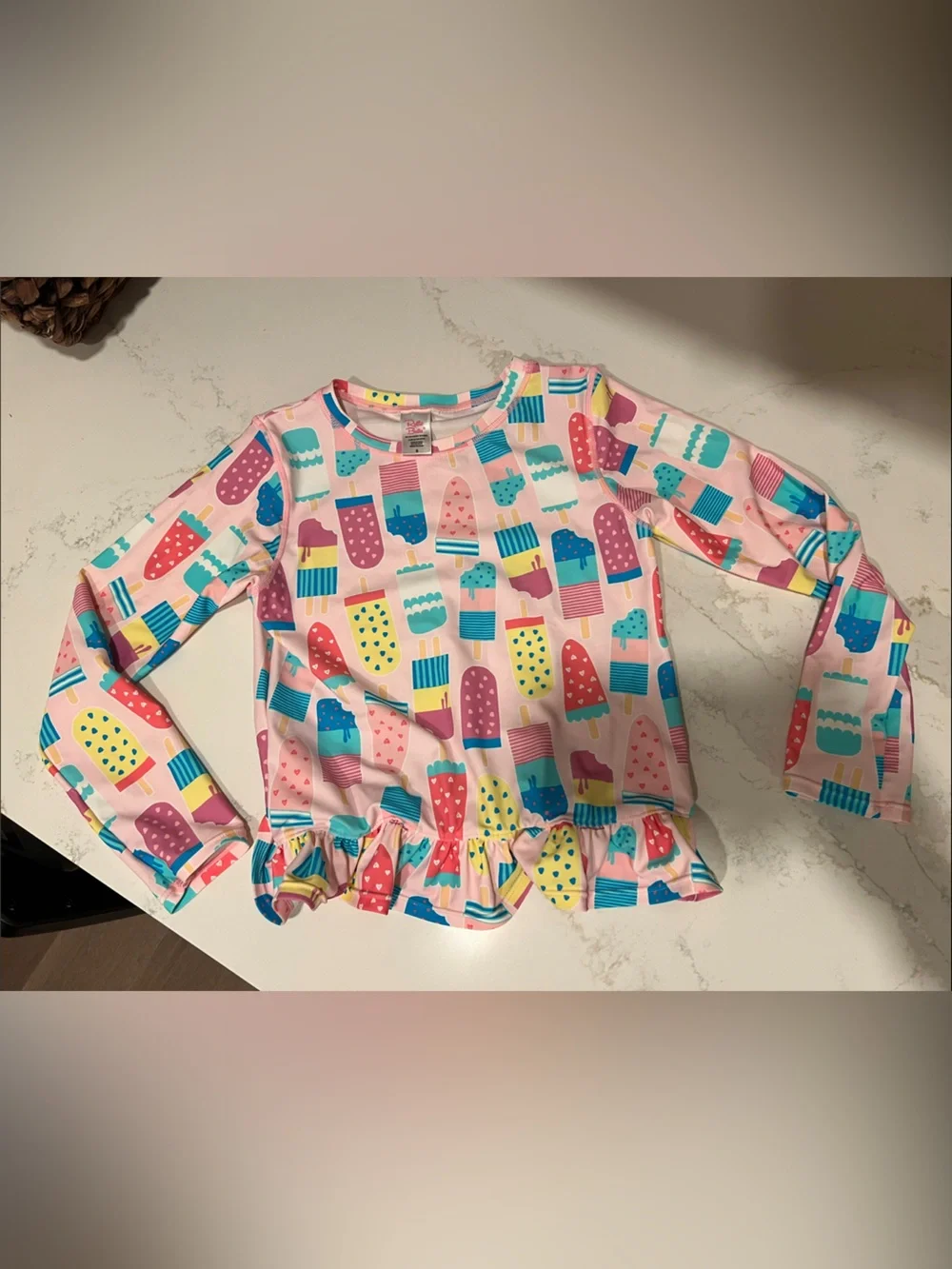 Ruffle Butts Girls Pink Popsicle/Ice Cream Print swim rash guard, size 8